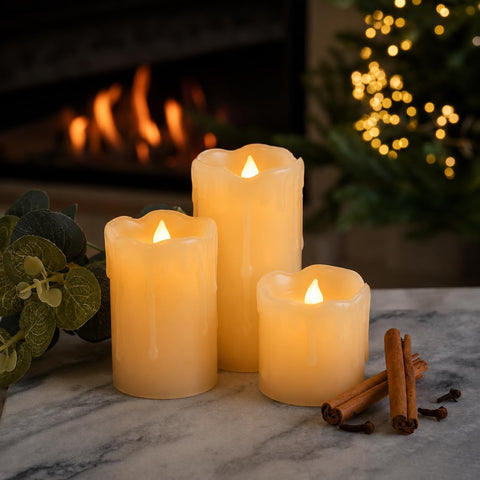 Festive Lights Set of 3 Real Wax Flameless LED Pillar Candles – Warm White Flickering Battery Operated Candles with Dripping Wax Effect for Home, Weddings & Events