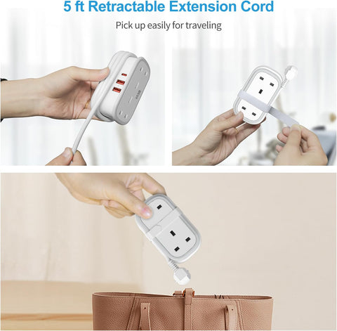 UK to US Plug Adapter with 1.5M Extension Cable, 2 Way Outlets, 3 USB Ports & Retractable USB-C Cable – Type B Travel Adaptor