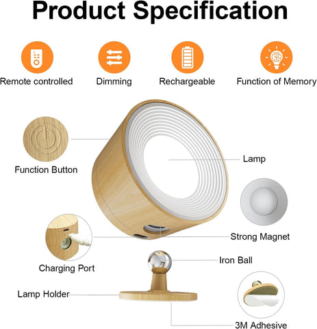 Battery Operated Wood Grain Wall Lights Wood Grain, Rechargeable Wall Lights Indoor, 3500mAh Magnetic Wall Lamp with Remote, 3 Color Temperatures & 13 RGB & Dimmable 360° Free Rotation Wall Sconces