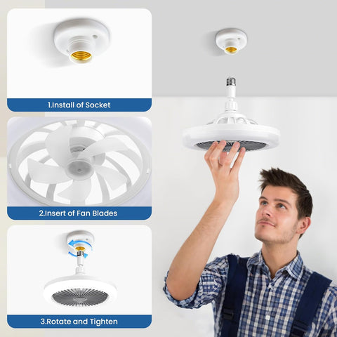 Person installing a ceiling fan with step-by-step instructions on how to install a socket, insert fan blades, and rotate and tighten.