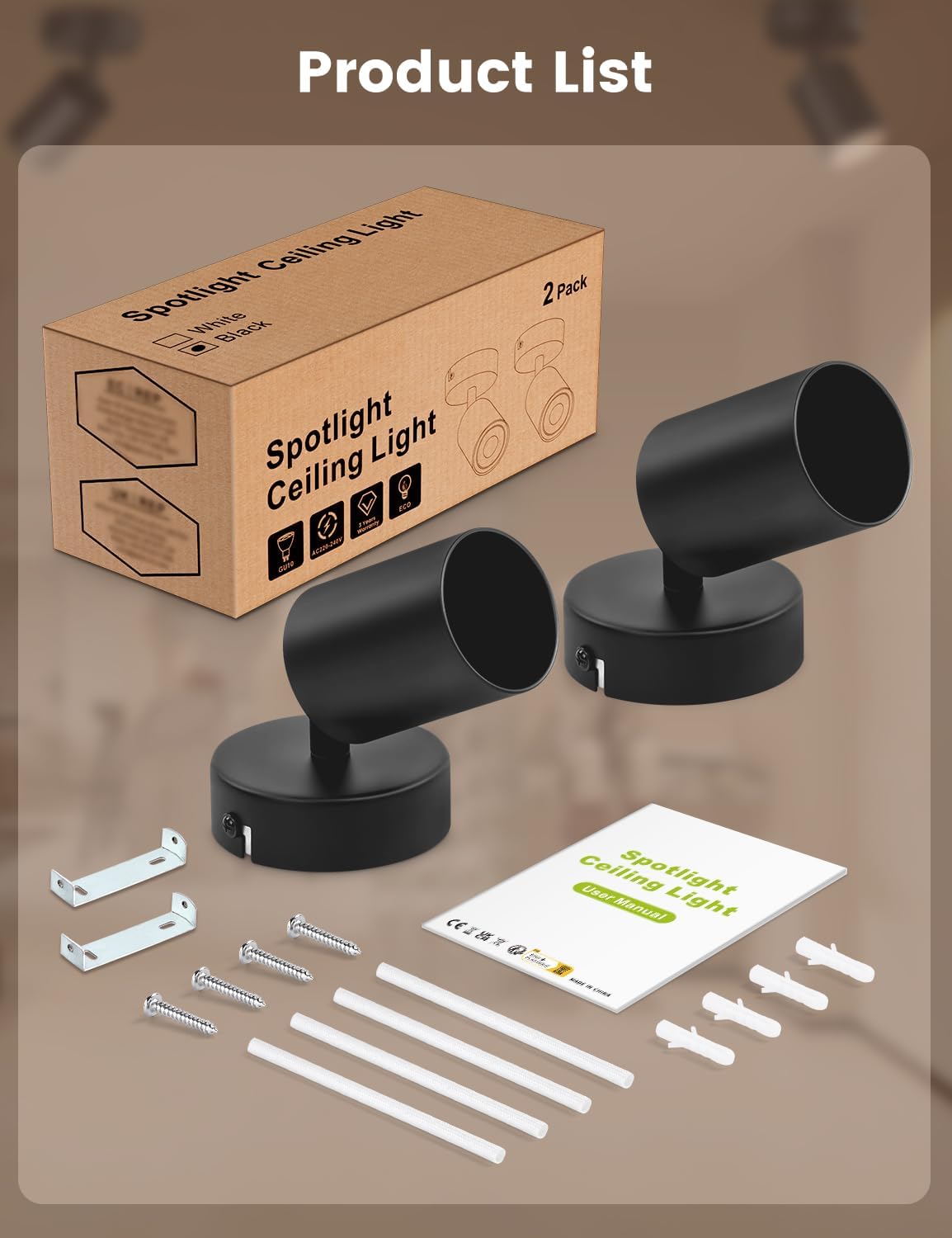 Spotlight ceiling light set with packaging, lights, and accessories on a brown background