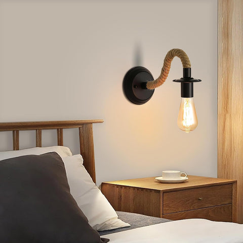 2 Packs Wall Lamp, Industrial Wall Light Sconce Fixture, E27 Hemp Rope Retro Adjustable Wall Lamp for Corridor Living Room Bedroom Cafe Bar Loft