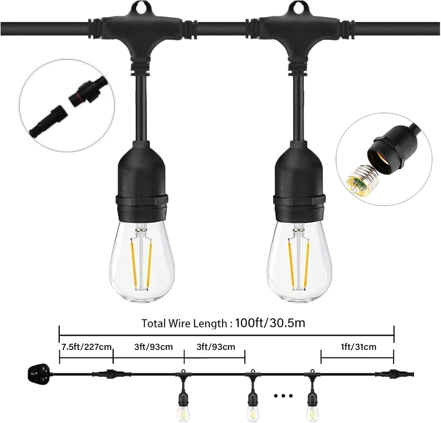 LED Outdoor String Lights Mains Powered 100ft Waterproof Garden Festoon Lights IP44 30+1 Bulbs(Screwed on) Warm White Decorative Lighting for Home Patio Veranda Backyard Party
