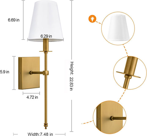Battery Wall Sconces Sets of 2, Classic Brushed Brass Sconces Wall Lighting,Hardwired Bathroom Vanity Light Fixture with Fabric Shade for Bedroom Living Room