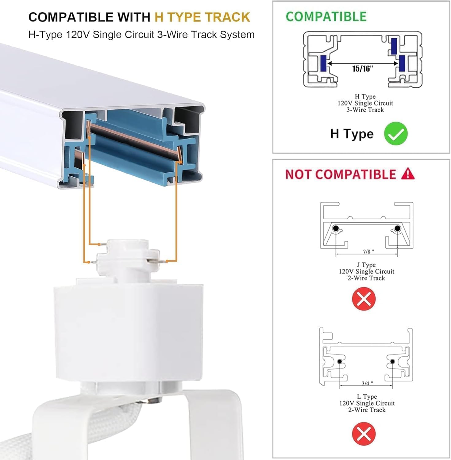 Compatibility chart for H-type track system with a diagram of track and fixture connection.
