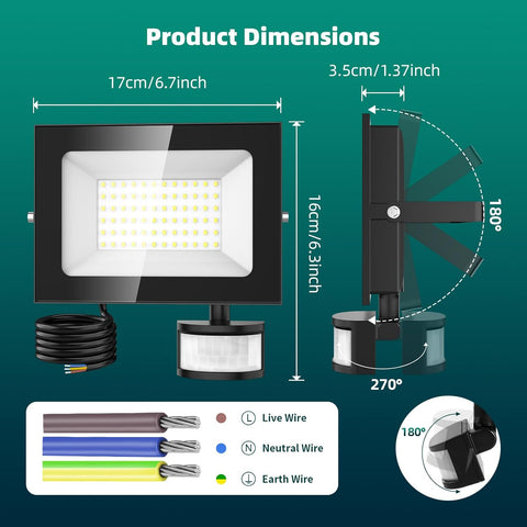 LED flood light with dimensions and wiring diagram on a green background