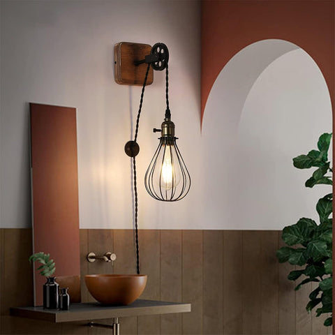Industrial Plug In Cage Wall Lamp Pulley Sconce