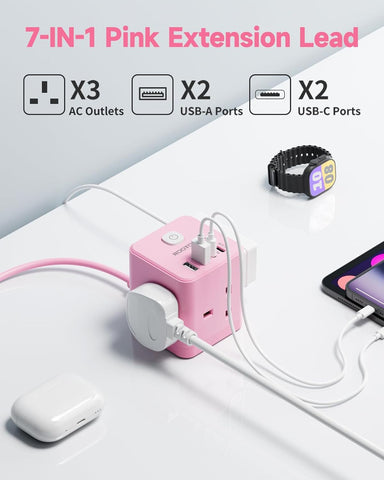 Pink extension lead with multiple ports on a white background