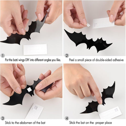 KUUQA 24-Piece 3D Halloween Bat Wall Stickers – Black Waterproof PVC DIY Decorations for Walls, Doors, Glass & Halloween Parties
