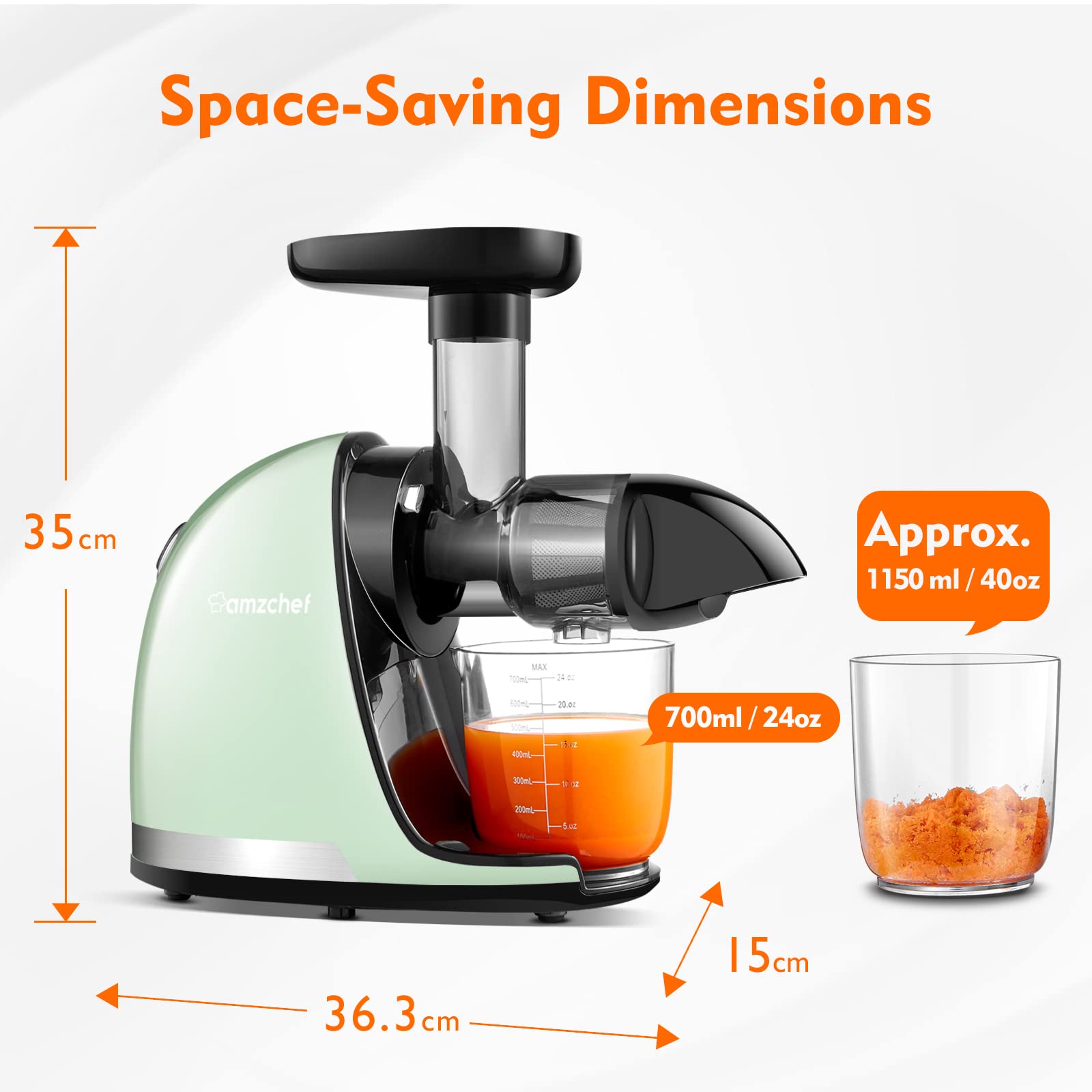 AMZCHEF Juicer Machines - Cold Press Slow Juicer - Masticating Juicer for Whole Fruits and Vegetables - Delicate Chew No Need to Filter - BPA Free Juice Extractor with 2 Cups and Brush - Black