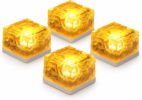 GWSOLAR Solar Ground Lights 4 Pack, Sodium-Style Warm Glow, 7cm Brick Ice Glass Design, Auto On/Off, IP65 Waterproof Outdoor Garden Lights for Pathway, Patio & Tabletop