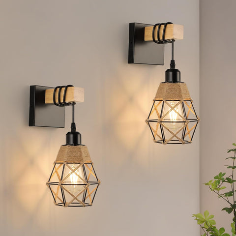 Vintage Industrial Wall Lights with Wood Arm 2 Pack