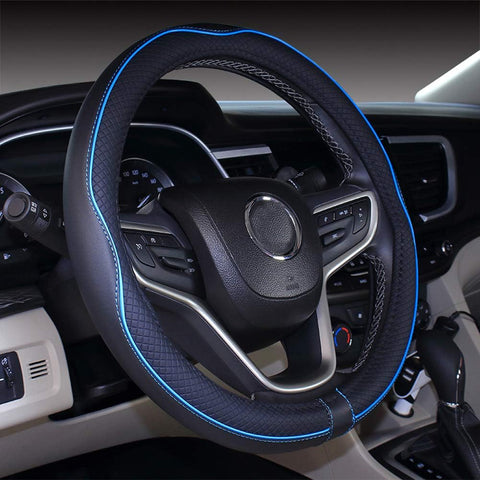 Microfiber Leather Car Steering Wheel Cover 15 Inch Black Blue
