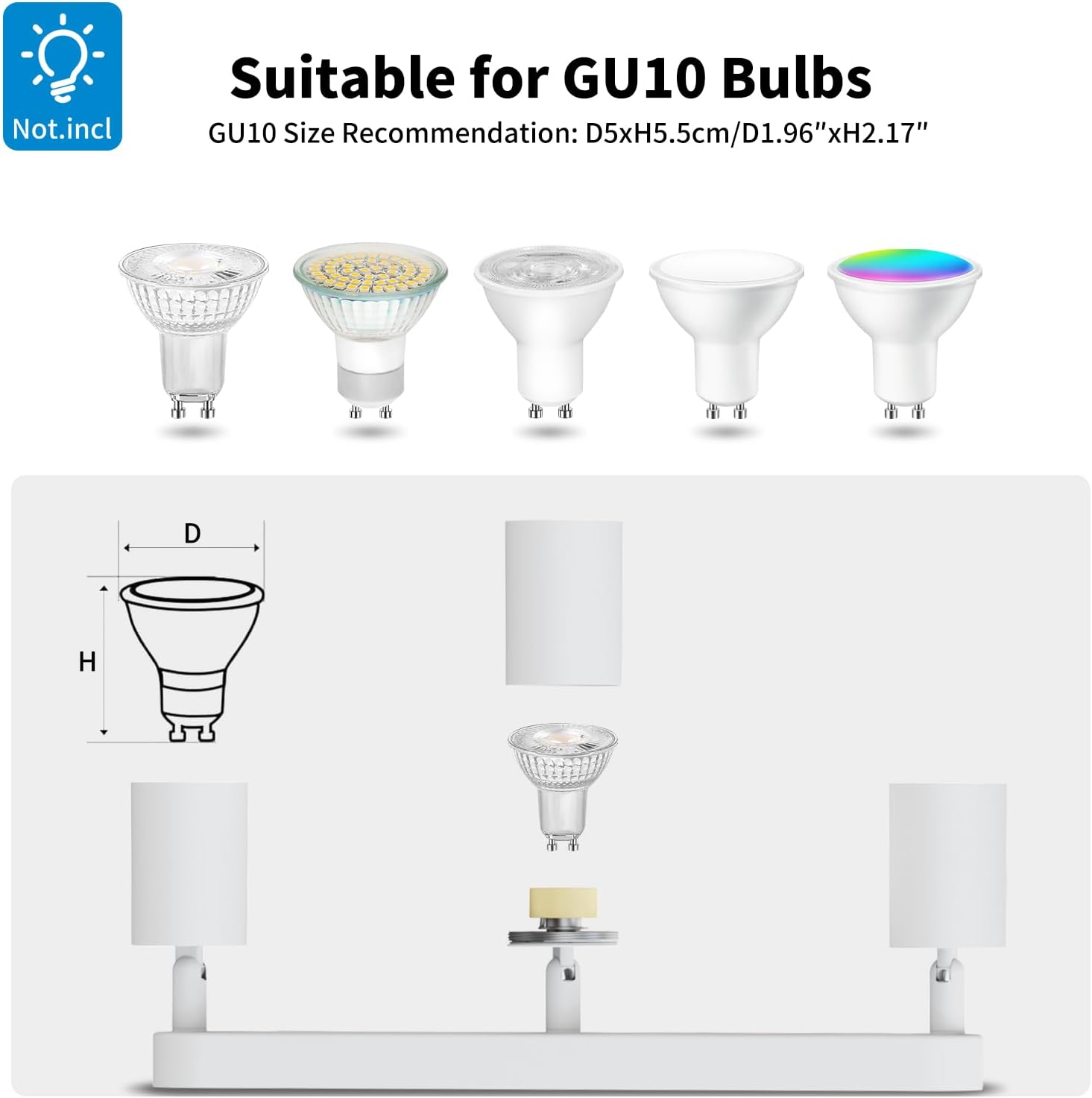 GU10 bulb compatibility chart with various light effects and dimensions.