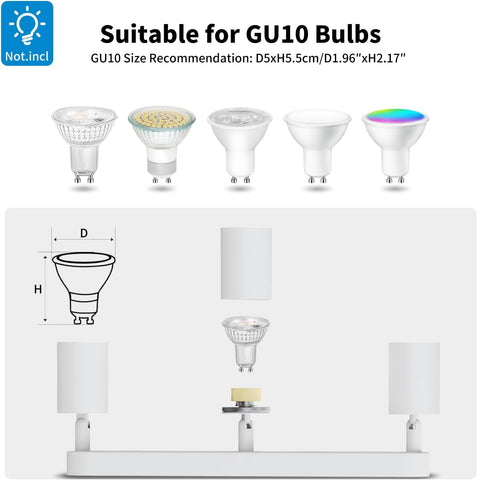 GU10 bulb compatibility chart with various light effects and dimensions.
