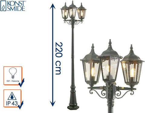 Konstsmide Outdoor Light Firenze Triple Column Outdoor Light/ 2.2m High/ 3 x 100 W E27 Max Lamp Post/Clear Glass/Aluminium/ IP43/ Outside Light Green