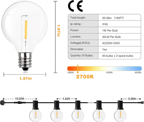 GPATIO 30m (100ft) Mains Powered Outdoor Festoon Garden Lights with 50 Warm White G40 LED Bulbs + 2 Spare Bulbs – IP45 Garden String Lights for Patio, Wedding, Party & Events