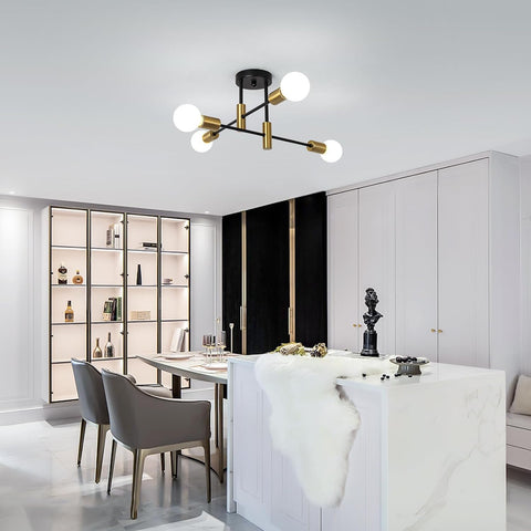 Modern kitchen with a chandelier, island, and shelves.