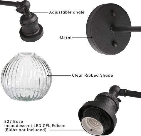 Vintage Wall Light Sconce with Clear Striped Glass Globe Shade, Modern Indoor Wall Vanity Light Fixture for Farmhouse Living Room Bedroom Bathroom