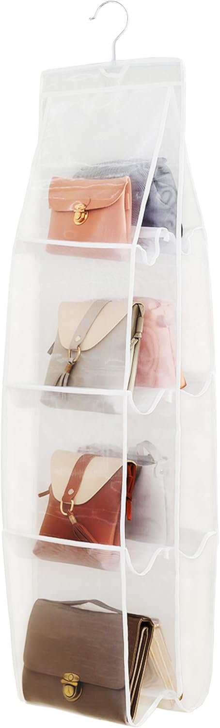 AARAINBOW Hanging Purse Organiser for Wardrobe, 8-Pocket Handbag Storage, White