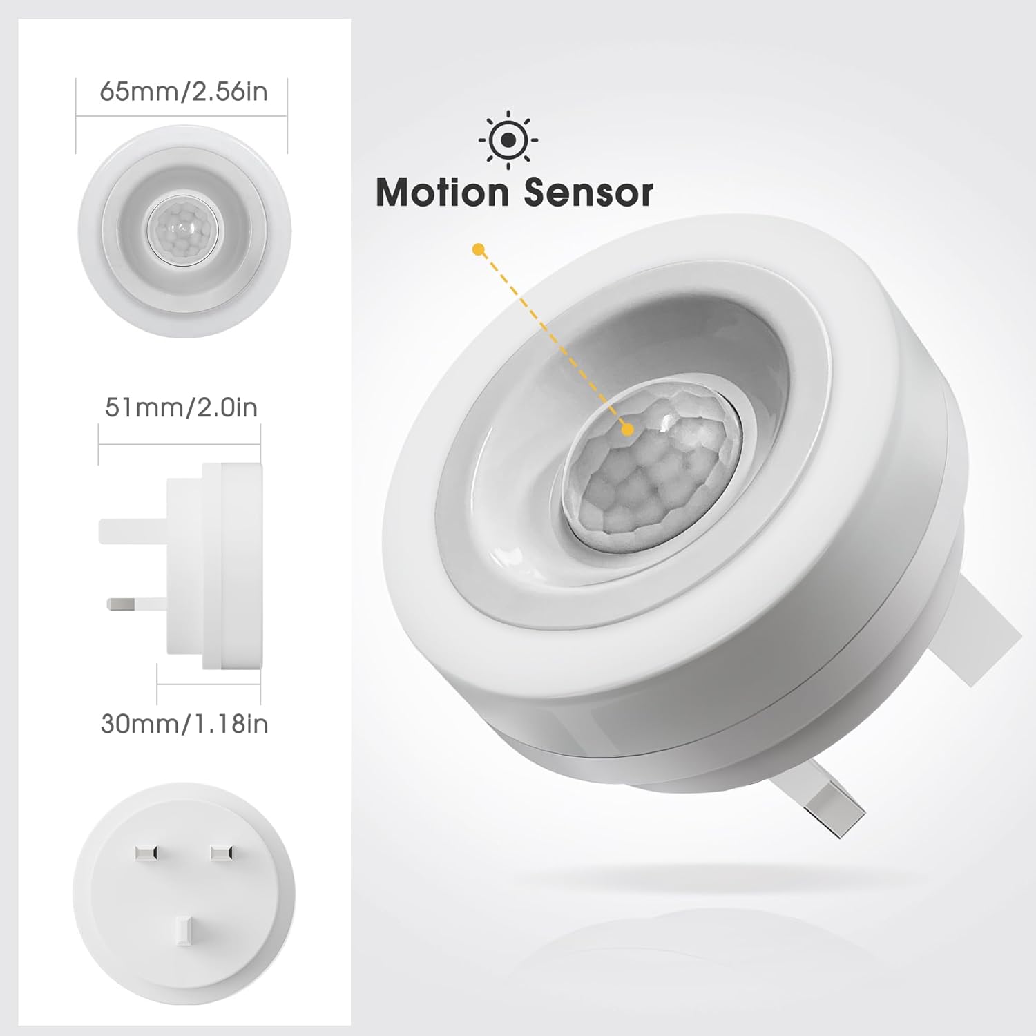 White motion sensor with dimensions and label on a light gray background