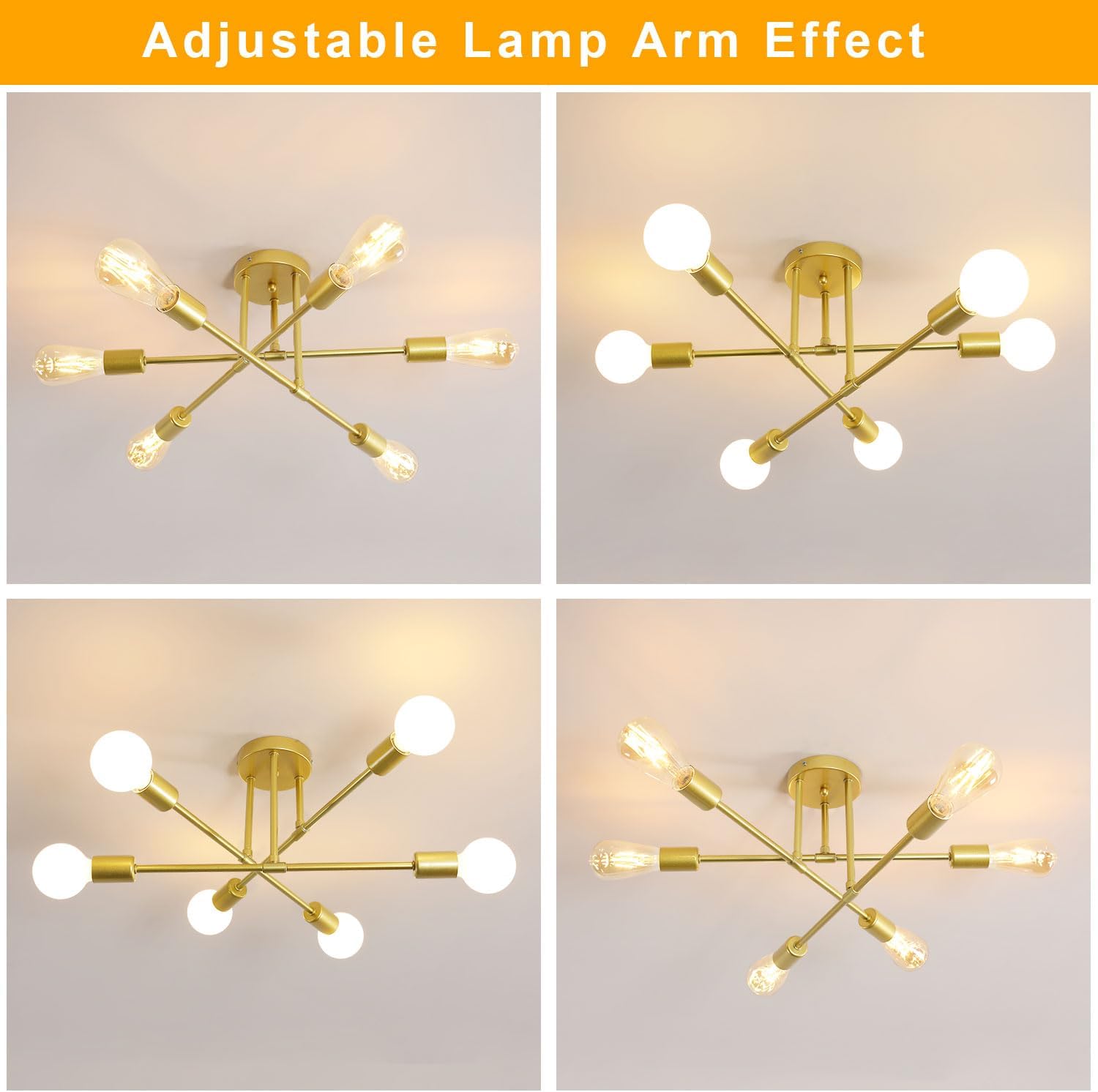 Gold ceiling lamp with adjustable arm effects on a light gray background