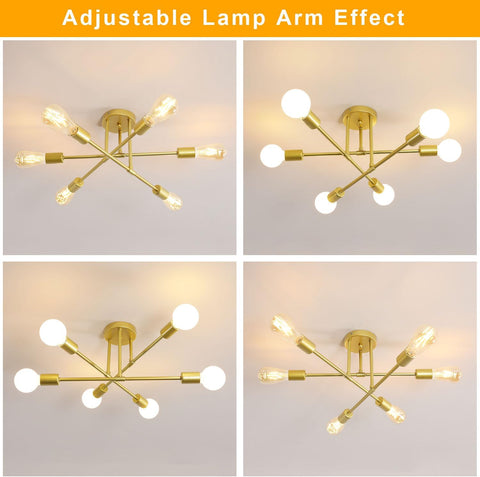 Gold ceiling lamp with adjustable arm effects on a light gray background