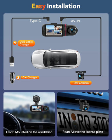 Kussla 3 Channel Dash Cam Front Rear Inside 1080P with 64GB Card