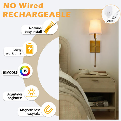 Wiress Battery Operated Wall Lights Set of 2, Rechargeable Wall Lights with Dimmable Light Bulb, Remoted Control, Wireless Lamp Fixture for Bedroom Living Hallway Gold