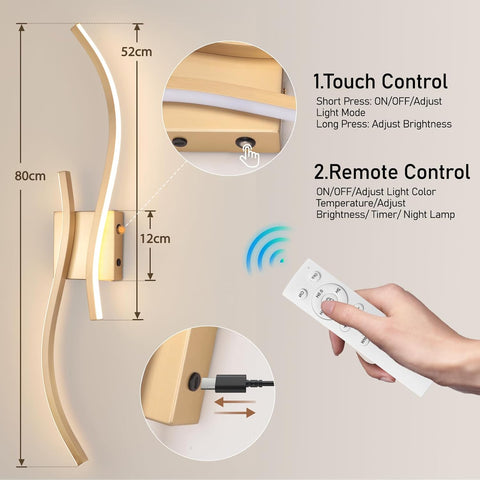 Gold Battery Operated LED Wall Sconces Set of 2 with Remote