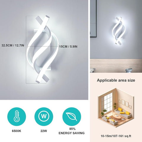 Modern 22W LED Wall Light White Spiral Design 6500K Cool Light