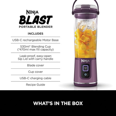 Blast Portable Blender 530ml – Cordless Mini Blender with Leakproof Lid & Sip Spout – Rechargeable – Ice & Frozen Fruit – Purple