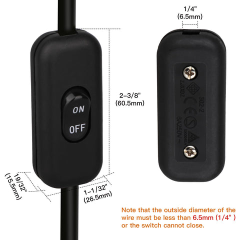 Helunsi Inline Switch 2 Pcs, Black Lamp Cord Button Torpedo Switch, Rated 6A 250V ON OFF Electrical Wire Appliance Rocker Switches, Repair Replacement Control Power Cable Plug Desk Table Light Parts