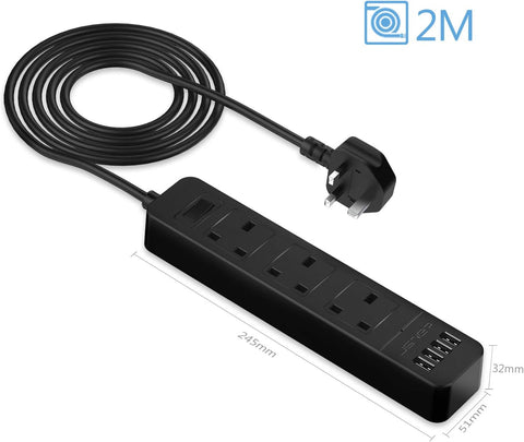 JSVER Extension Lead with 3 UK Socket Outlets, 4 USB Ports & 2m Cable – Black Desktop Power Strip for Home and Office, Keep Your Everyday Devices Charged Without the Cable Chaos