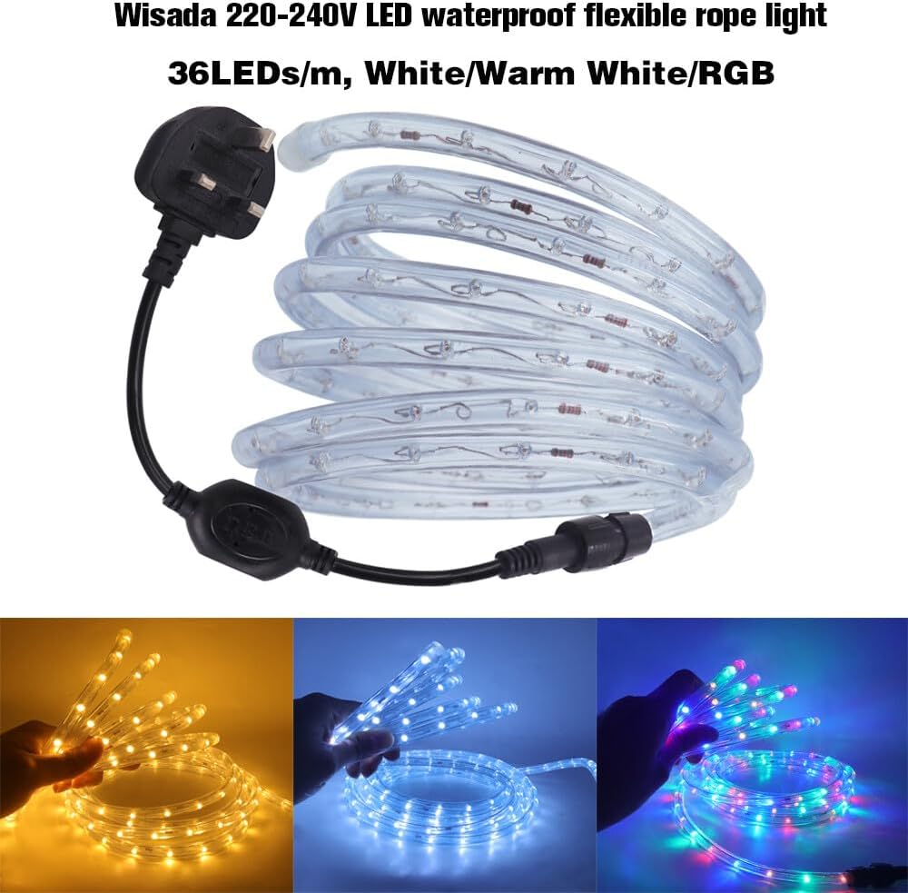 LED waterproof flexible rope light with plug, showing white, blue, and multicolor lights.
