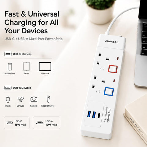 1 Metre Extension Lead with USB Slots – 2 Gang Power Strip with 2 USB-A & 1 USB-C Ports - Keep Everyday Charging Neat, Close & Ready