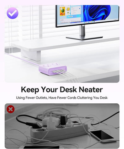 ORICO PD 25W Purple Extension Lead with 2 USB-C & 2 USB-A Ports, 2 AC Sockets and 1.6m Cable – A Smarter, Tidier Way to Power Your Everyday Essentials