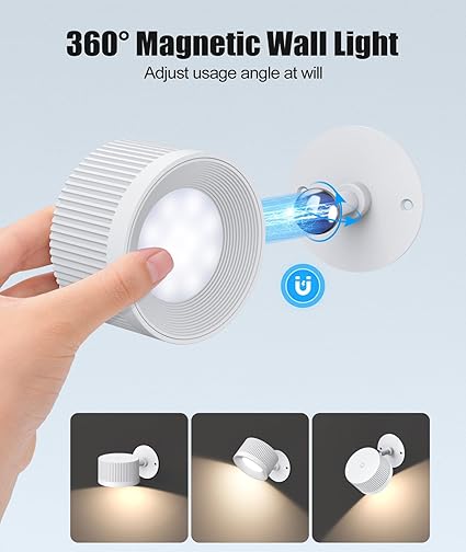 LED Wall Lights, Rechargeable Magnetic Reading Lamp with Remote/Touch Control, 4 Brightness Levels & 3 Color Temperatures, [Long Runtime] & 360° Rotatable Wall Lights for Living Room, Bedroom