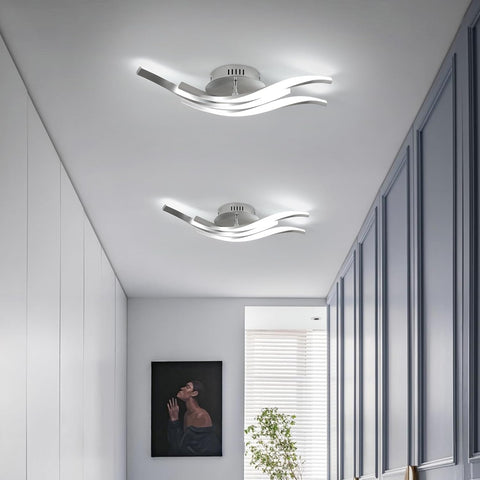 LED Ceiling Light – 24W, 2700LM, 3-Curved Silver Ceiling Lamp, Modern Wave Design, Cold White 6500K, 52cm Long Flush Mount Lighting for Living Room, Kitchen, Bedroom, Corridor
