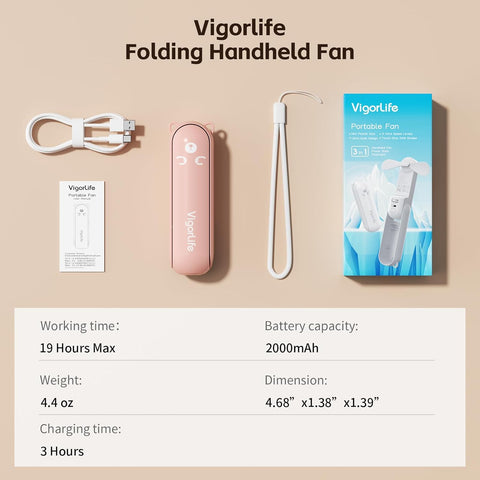 Mini Handheld Fan,USB Rechargeable 3 IN 1 Personal Cooler Fans with Power Bank,LED Flashlight,Small Foldable Pocket Fan-Travel & Emergency Essentials for Outdoor Portable Cooling Fan (Pink)