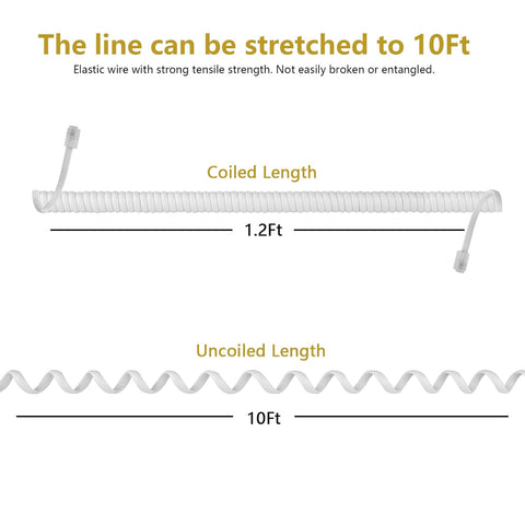 SAISN Telephone Coiled Cable Line Wire Flexible Phone Spring Curly Cord RJ9 Plug to RJ9 Plug Telephone Handset Landline Cable Cord (White, 3m)