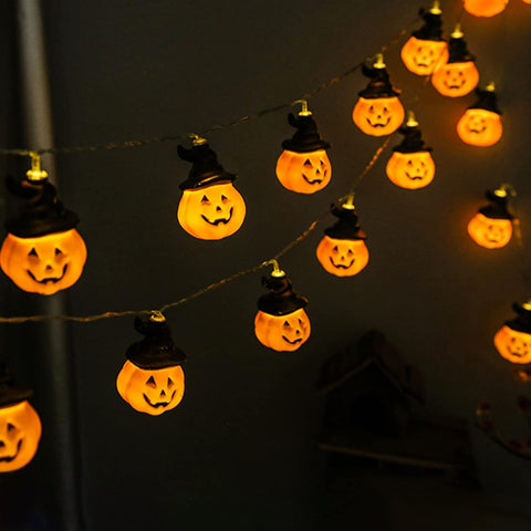 Jsdoin 5M Halloween Pumpkin Lights – 20 LED Battery Powered String Lights with Warm White Glow, Flash & Steady Modes for Indoor & Outdoor Party Decorations