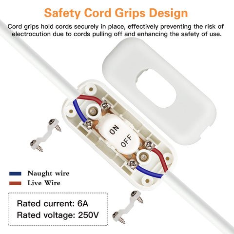 Helunsi Inline Switch 2 Pcs, White Lamp Cord Button Torpedo Switch, Rated 6A 250V ON OFF Electrical Wire Appliance Rocker Switches, Repair Replacement Control Power Cable Plug Desk Table Light Parts