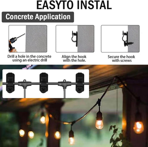 60 Pack Outdoor String Light Clips with Screw-in Hooks – Black Stainless Steel Q-Hangers with Safety Buckles for Garden, Patio, Fence & Christmas Decorations
