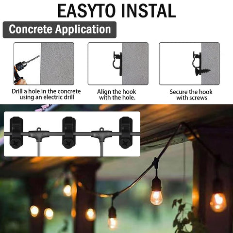 60 Pack Outdoor String Light Clips with Screw-in Hooks – Black Stainless Steel Q-Hangers with Safety Buckles for Garden, Patio, Fence & Christmas Decorations