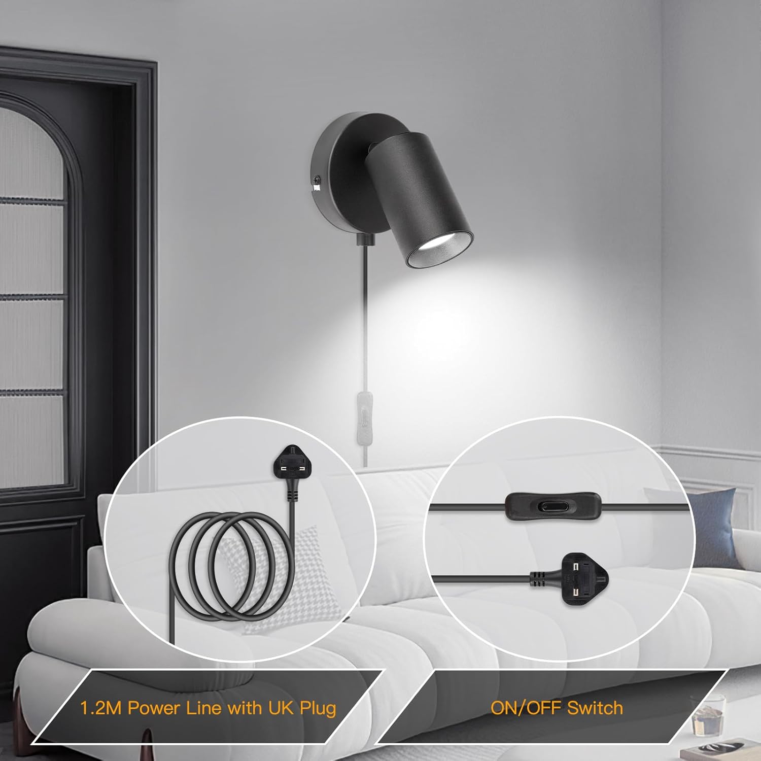 Wall-mounted black light fixture with power cord and on/off switch in a living room setting.