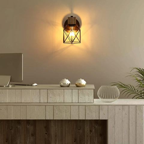 Industrial Wooden Wall Light 2PCS Adjustable Metal Cage Sconces