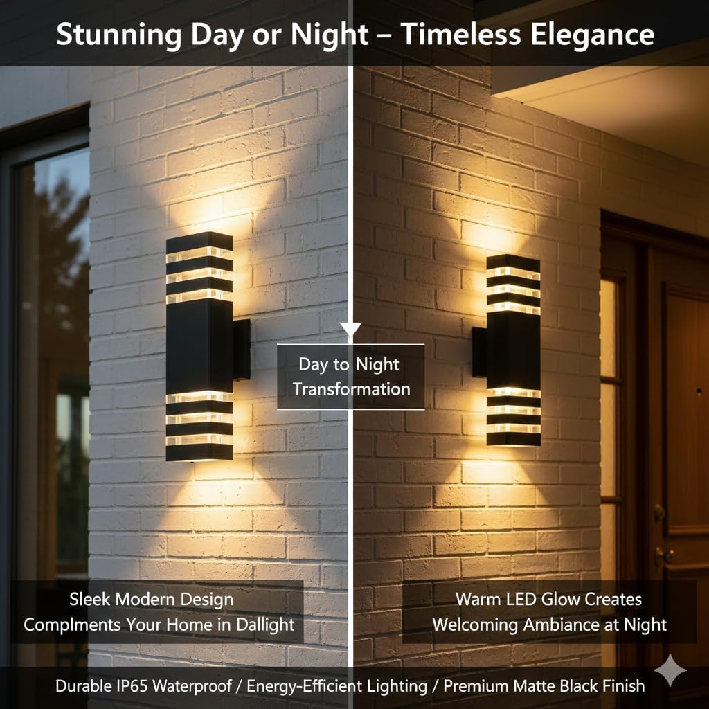 Outdoor wall light fixture on a brick wall with day and night transformation text.