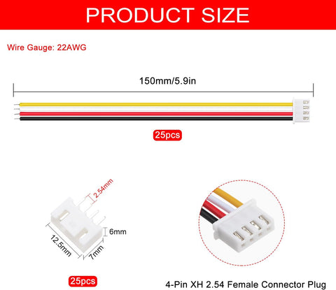 Lyeteung 25 Sets 2.54mm JST-XH Connector, Mini Micro JST XH 4 Pin Connector Plug Male with 150mm 22AWG Cable & Female Connector