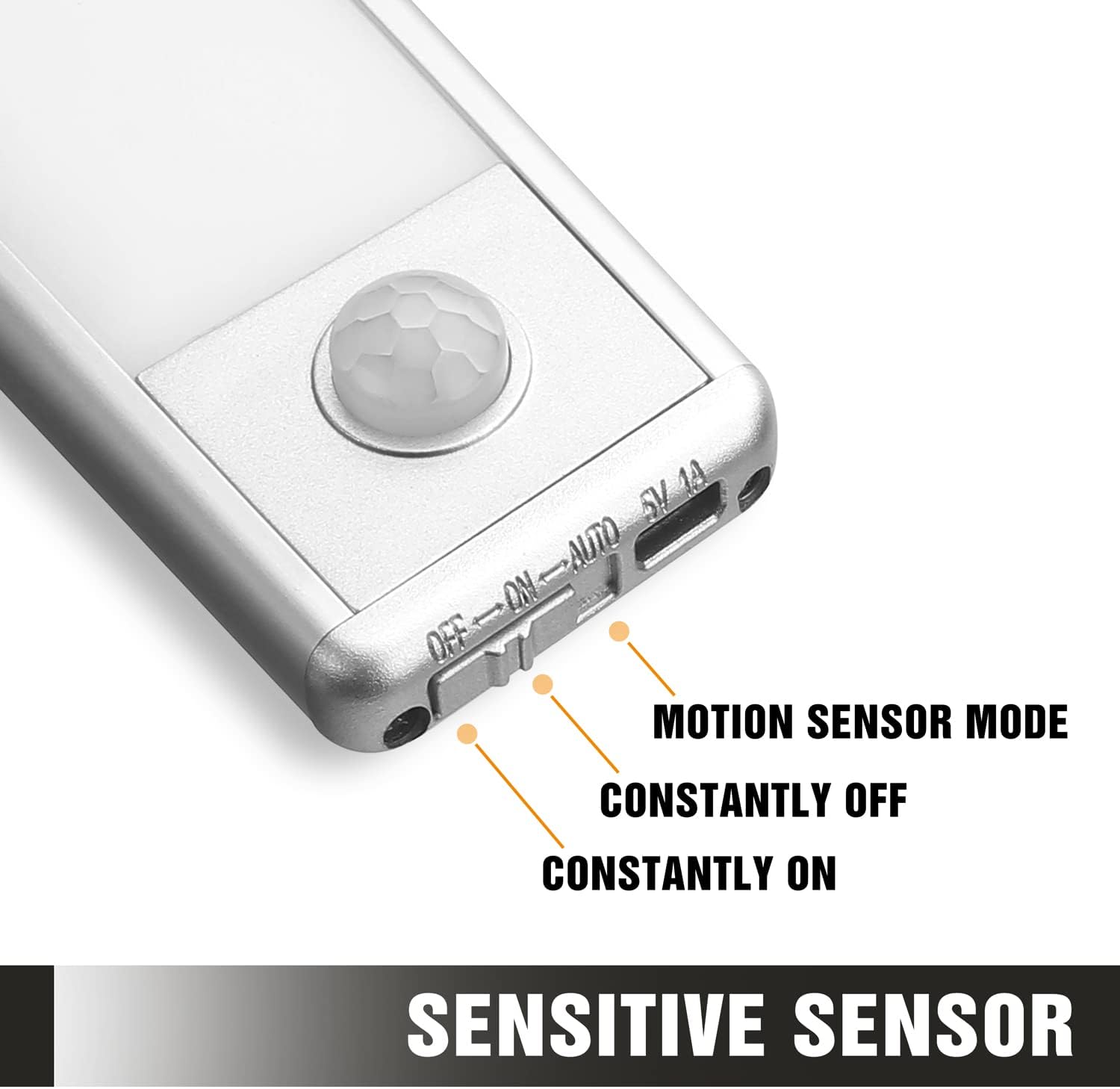 Close-up of a motion sensor with labeled modes on a white background